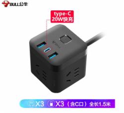 公牛BULLGN-UU2203H魔方USB 多功能插座/新国标插线板 C口20W快充 黑1.5米